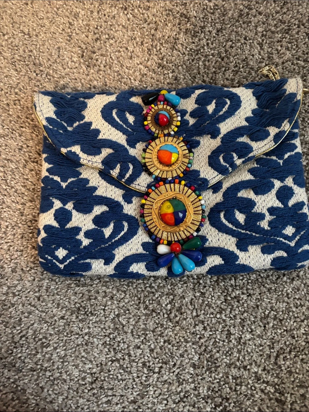 Steve Madden Blue and White Beaded Embellished Clutch